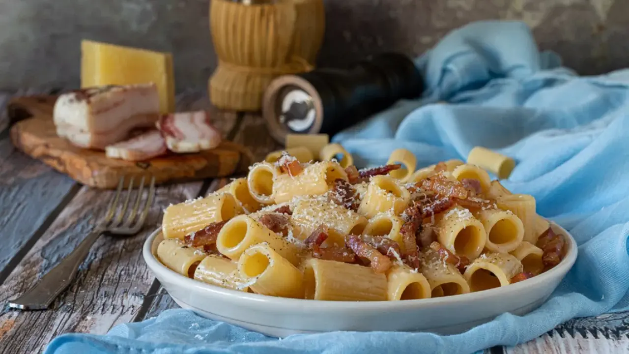 Piatto di pasta alla gricia fumante, guanciale croccante e pecorino romano grattugiato. Ingredienti freschi su un tavolo rustico.