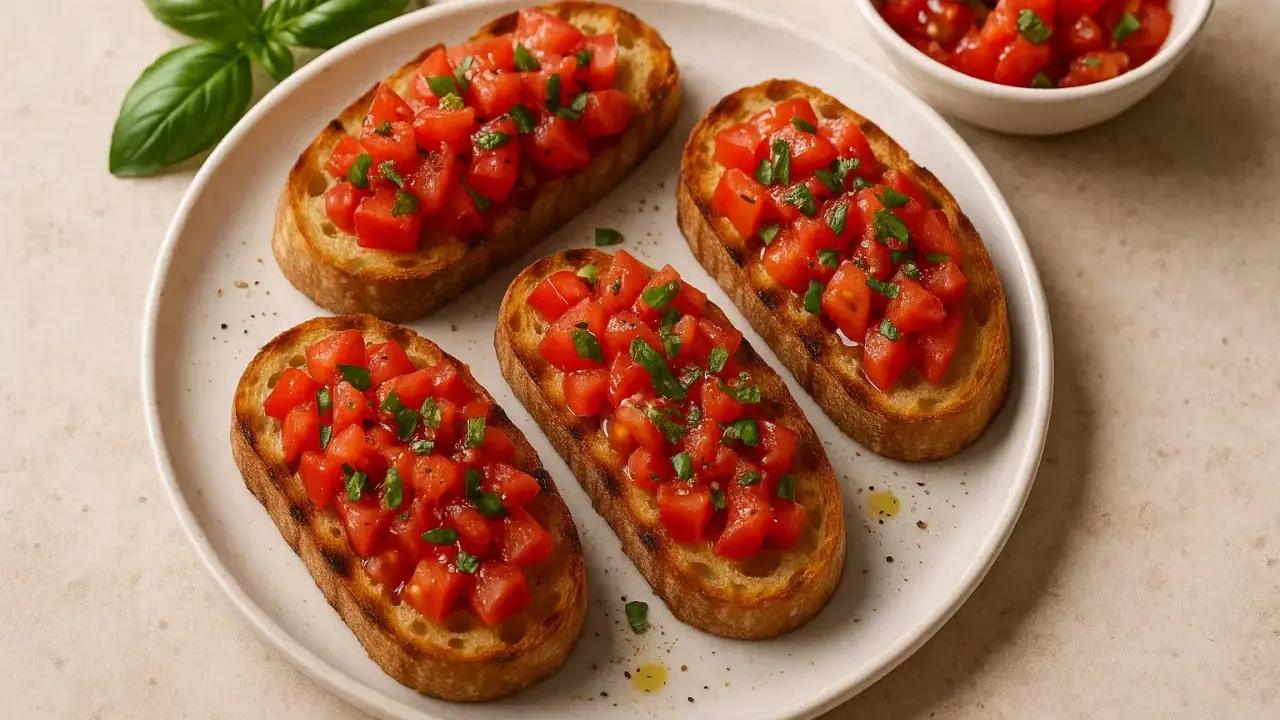 Quattro fette di pane tostato croccante, condite con pomodoro fresco a cubetti e basilico. Un classico antipasto italiano: bruschetta al pomodoro.
