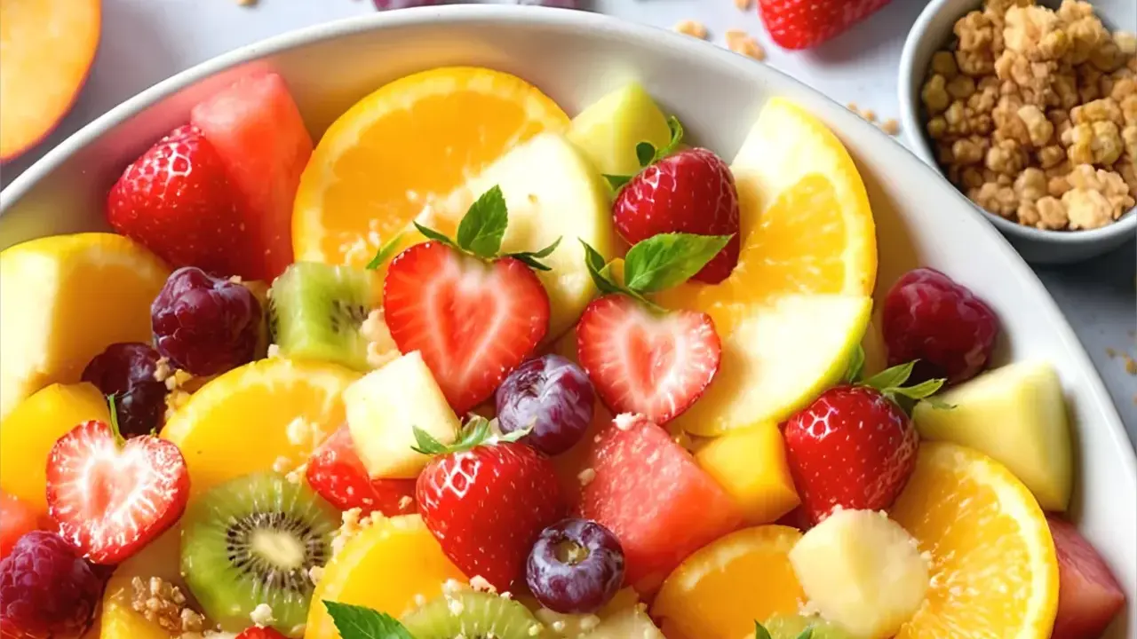 Una colorata macedonia di frutta con fragole, arance, kiwi, uva e melone, guarnita con menta fresca e una spolverata di granola croccante.