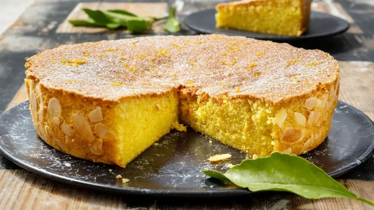 Una deliziosa caprese al limone, cosparsa di zucchero a velo e scorzetta d'arancia, con mandorle sui bordi.