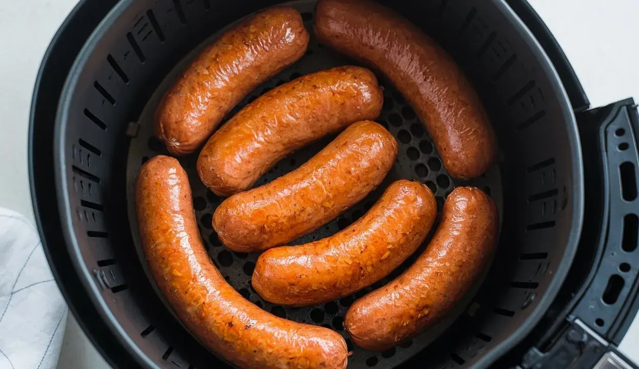 Salsiccia dorata e succulenta in friggitrice ad aria, pronta per essere gustata.
