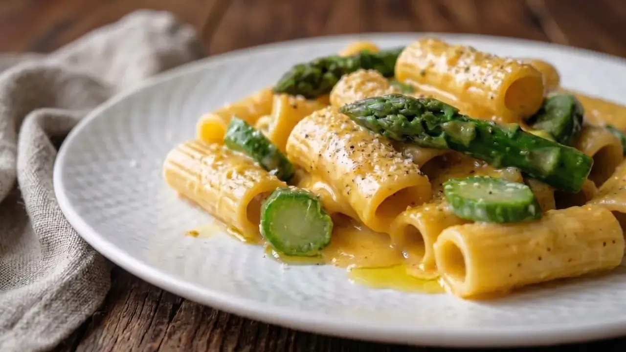 Rigatoni cremosi con asparagi freschi, un'interpretazione primaverile della carbonara di asparagi, conditi con pepe nero.