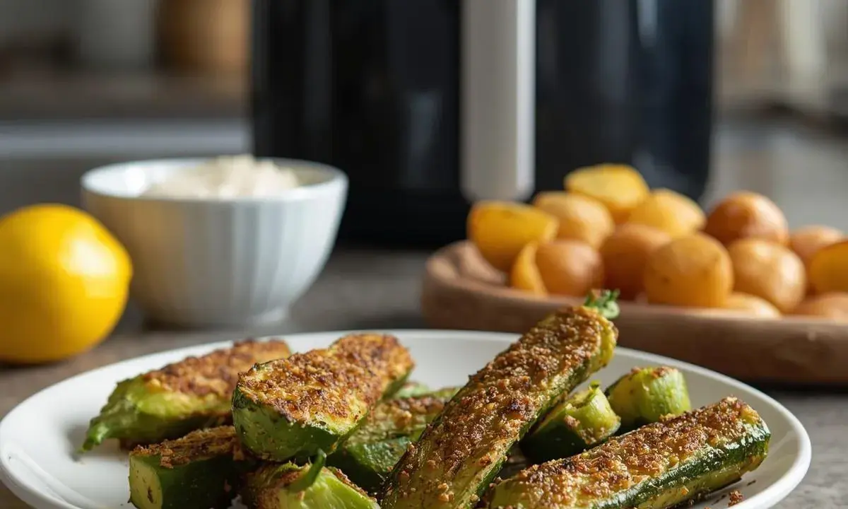 Zucchine croccanti in friggitrice ad aria, pronte per essere gustate. Accanto, limone, ciotola di salsa e patatine.