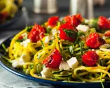 Pasta con verdure: spaghetti di zucchine, pomodorini confit, feta e basilico fresco su un piatto blu.