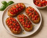 Quattro fette di pane tostato croccante, condite con pomodoro fresco a cubetti e basilico. Un classico antipasto italiano: bruschetta al pomodoro.