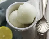 Coppetta con due palline di sorbetto al limone senza albume, accanto una fetta di limone e un cucchiaio decorato.