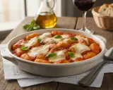 Gnocchi alla sorrentina fumanti, con pomodoro, mozzarella filante e basilico fresco, pronti per essere gustati.