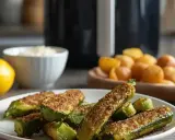 Zucchine croccanti in friggitrice ad aria, pronte per essere gustate. Accanto, limone, ciotola di salsa e patatine.