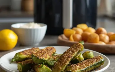 Zucchine croccanti in friggitrice ad aria, pronte per essere gustate. Accanto, limone, ciotola di salsa e patatine.