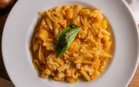 Un piatto di pasta patate e provola cremoso, con pezzi di patate e un rametto di basilico fresco.