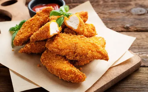 Bocconcini di pollo dorati e croccanti, cotti in friggitrice ad aria, serviti con basilico fresco e salsa.