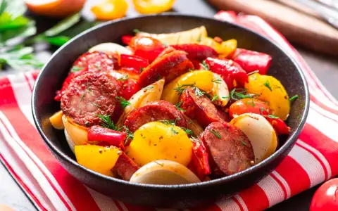 Salsiccia e patate in padella, un piatto saporito con peperoni rossi e gialli, cipolle e erbe aromatiche fresche.