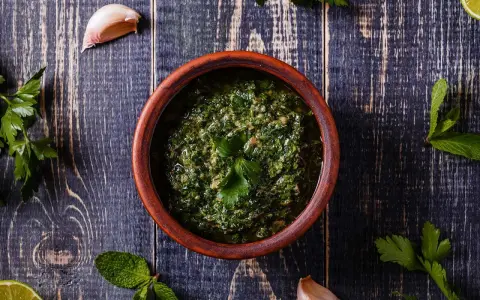 Un ciotola di terracotta contiene un pesto verde brillante, perfetto per accompagnare le acciughe al verde. Ingredienti freschi come aglio e prezzemolo circondano la ciotola.