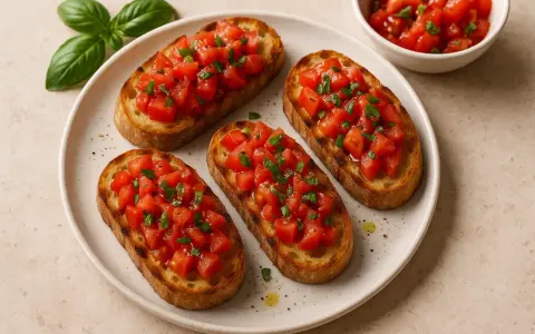 Quattro fette di pane tostato croccante, condite con pomodoro fresco a cubetti e basilico. Un classico antipasto italiano: bruschetta al pomodoro.