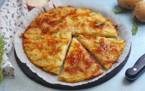 Una deliziosa torta di patate dorata e croccante, guarnita con rosmarino fresco, pronta per essere gustata.