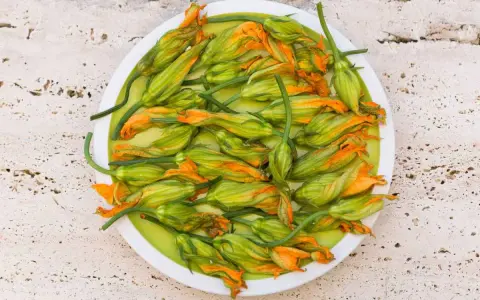 Fiori di zucca freschi, pronti per essere cucinati in padella, su un piatto bianco.