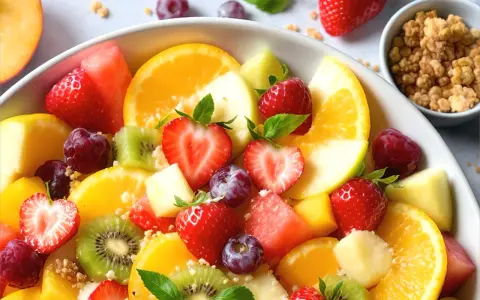 Una colorata macedonia di frutta con fragole, arance, kiwi, uva e melone, guarnita con menta fresca e una spolverata di granola croccante.