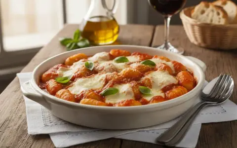 Gnocchi alla sorrentina fumanti, con pomodoro, mozzarella filante e basilico fresco, pronti per essere gustati.
