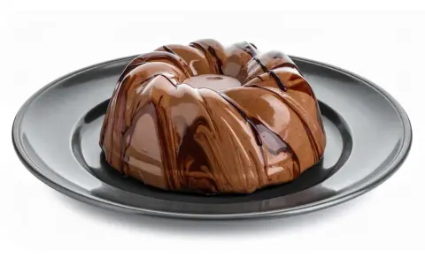 Deliziosa bavarese al cioccolato con glassatura lucida e striature di cioccolato fondente su piatto scuro.