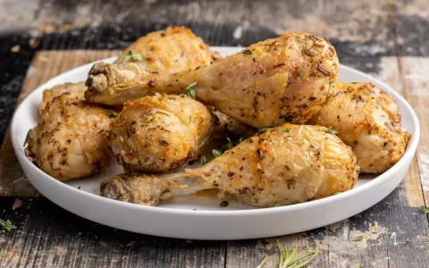 Cosce di pollo dorate e succulente, cotte alla perfezione nella friggitrice ad aria, guarnite con erbe aromatiche fresche.