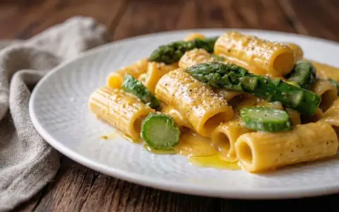 Rigatoni cremosi con asparagi freschi, un'interpretazione primaverile della carbonara di asparagi, conditi con pepe nero.