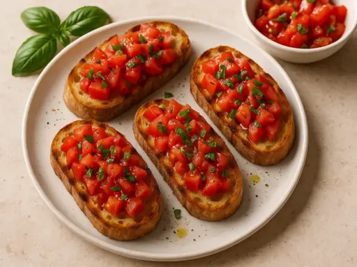 Quattro fette di pane tostato croccante, condite con pomodoro fresco a cubetti e basilico. Un classico antipasto italiano: bruschetta al pomodoro.