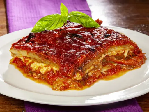 Una fetta di parmigiana di melanzane al forno, ricca e succulenta, guarnita con basilico fresco.