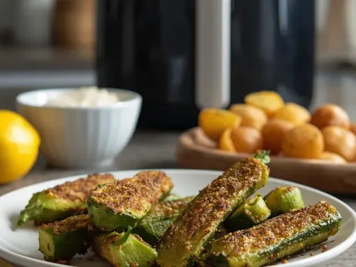 Zucchine croccanti in friggitrice ad aria, pronte per essere gustate. Accanto, limone, ciotola di salsa e patatine.