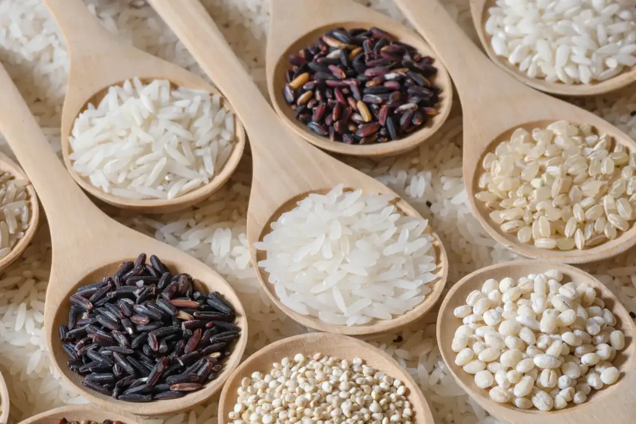 Cucchiaiate di riso per risotti: bianco, nero e integrale, pronti per creare piatti deliziosi.