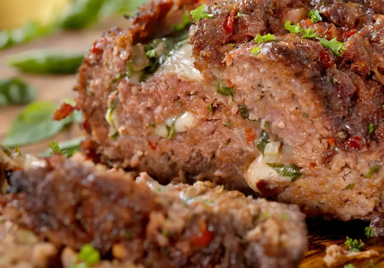 Un succulento polpettone ripieno al forno, con formaggio filante e erbe aromatiche, pronto per essere gustato.