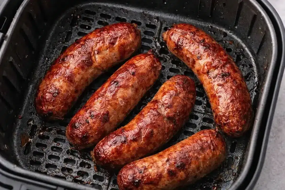 Salsiccia dorata e succulenta cotta nella friggitrice ad aria, pronta per essere gustata.