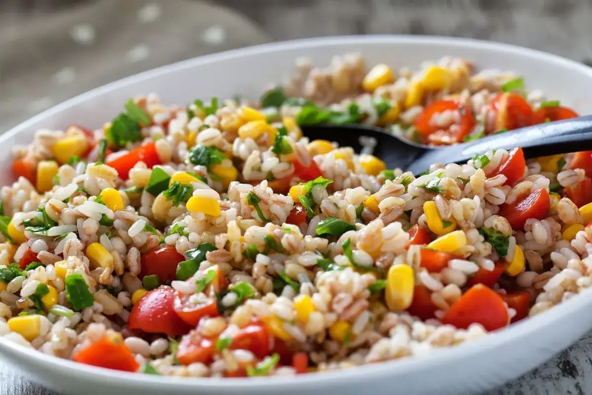 Insalata di farro estiva con pomodorini, mais e prezzemolo fresco. Un piatto leggero e colorato, perfetto per le giornate calde.
