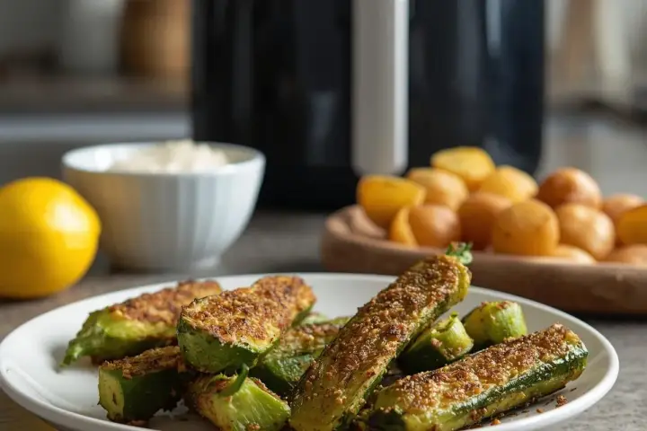 Zucchine croccanti in friggitrice ad aria, pronte per essere gustate. Accanto, limone, ciotola di salsa e patatine.